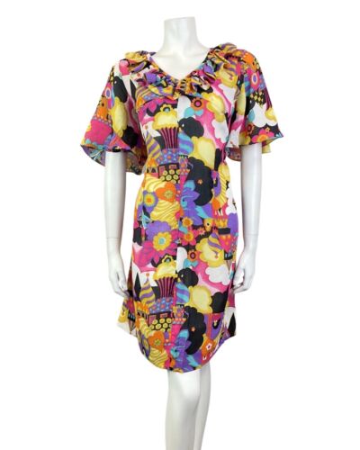 VINTAGE 60s 70s 90s PURPLE YELLOW BLACK PSYCHEDELIC CASTLE FANTASY MOD DRESS 14