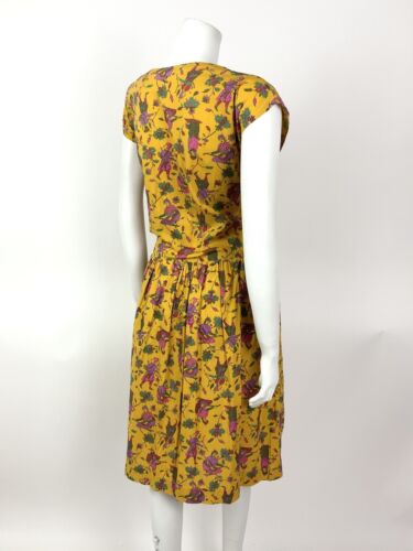 VTG 60s 70s YELLOW PINK GREEN FLORAL FIGURE ETHNIC PSYCH SUMMER DRESS 16 18