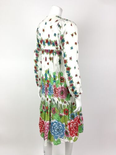 VTG 60s 70s WHITE PINK BLUE RED FLORAL EMPIRE LINE BOHO FOLK COTTON DRESS 8