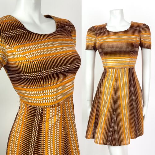 VINTAGE 60s 70s ORANGE BROWN WHITE GEOMETRIC STRIPED MOD FIT AND FLARE DRESS 10