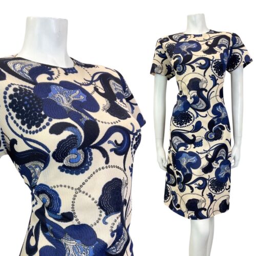 VINTAGE 60s 70s CREAM BLUE PSYCHEDELIC SWIRL FLORAL MOD SHORT DRESS 14 16