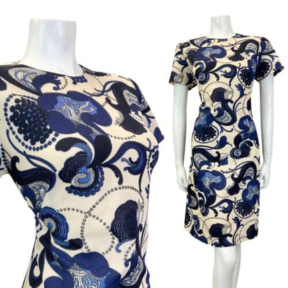 VINTAGE 60s 70s CREAM BLUE PSYCHEDELIC SWIRL FLORAL MOD SHORT DRESS 14 16