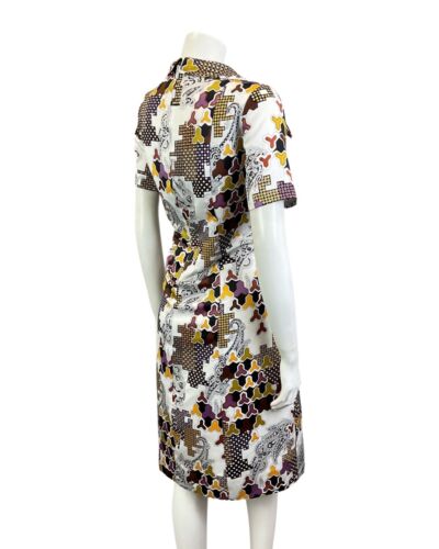 VTG 60s 70s WHITE BROWN YELLOW GEOMETRIC DOTTY FLORAL MOD WING SHIRT DRESS 16