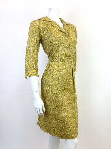 VTG 60s 70s YELLOW BEIGE BLACK SWIRLING GEOMETRIC PSYCHEDELIC SHIRT DRESS 12 14