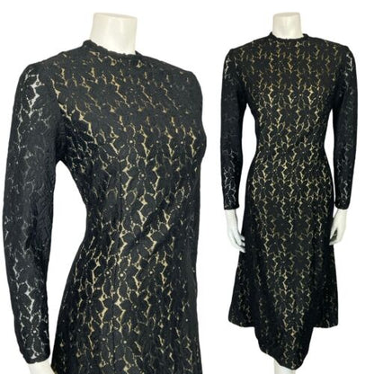 VTG 60S 70S BLACK EVENING LACE HANDMADE LONG SLEEVE PARTY MIDI DRESS 10 12