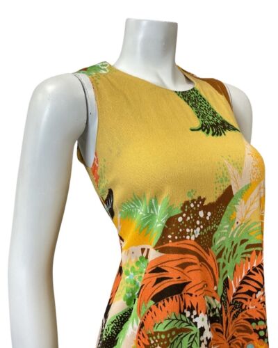 VINTAGE 70s YELLOW ORANGE GREEN PALM LEAF TROPICAL SLEEVELESS FLARED DRESS 8 10