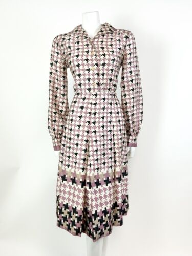 VTG 60s 70s WHITE PINK BLACK HOUNDSTOOTH MOD PLEATED DAGGER SHIRT DRESS 10 12