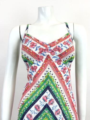 VTG 60s 70s WHITE GREEN RED BLUE FLORAL STRIPED DOTTY STRAPPY FOLK SUNDRESS 12