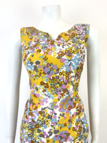 VTG 60s 70s WHITE PINK YELLOW BLUE PSYCHEDELIC FLORAL SLEEVELESS MOD DRESS 12 14