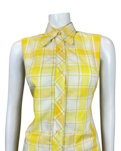 VTG 60s 70s YELLOW WHITE CHECKED EMBROIDERED MOD DOG-EAR COLLAR SHIRT DRESS 10