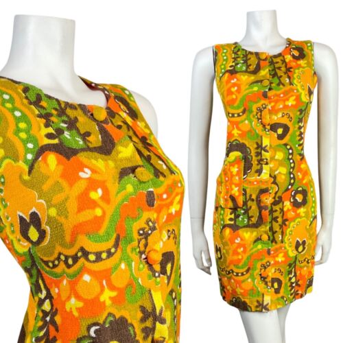 VTG 60s 70s YELLOW ORANGE GREEN PSYCHEDELIC FLORAL TERRY TOWELLING MOD DRESS 8