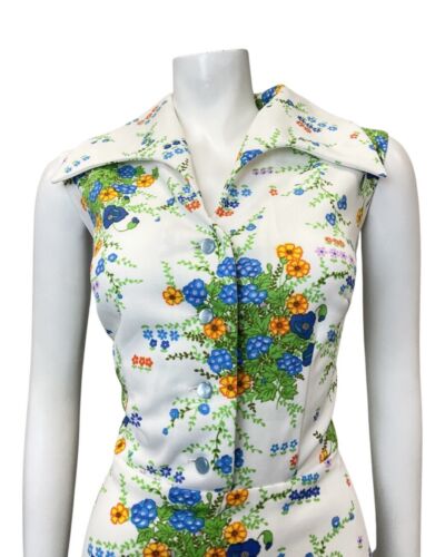 VINTAGE 60s 70s WHITE GREEN BLUE FLORAL BOUQUET SLEEVELESS SWING DRESS 16 18