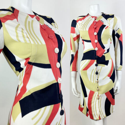 VINTAGE 70s WHITE BLUE RED CREAM GEOMETRIC ABSTRACT MOD FITTED DRESS 10 12