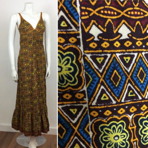 60S 70s VINTAGE BATIK PRINT FESTIVAL TRIBAL MAXI DRESS 10 12