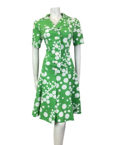 VINTAGE 60s 70s APPLE GREEN WHITE SPOTTED DOTTY MOD WING COLLAR SHIRT DRESS 12