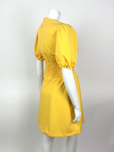 VTG 60s 70s SUMMER YELLOW EMBROIDERED FLOWER SHIRRED PUFF SLEEVE MOD DRESS 8 10