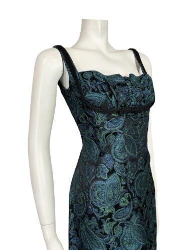 VTG 60S BLACK BLUE GREEN METALLIC PAISLEY FLORAL EMPIRE STRAPPY PARTY DRESS 8 10