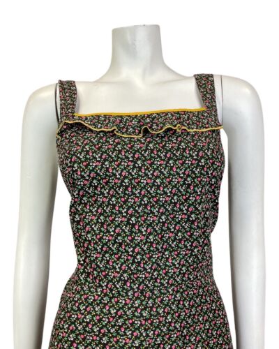 VINTAGE 70s BLACK WHITE PINK DITSY FLOWER PRAIRIE BOHO SUMMER SUN-DRESS 10