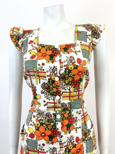 VTG 60s 70s WHITE ORANGE RED GREEN GEOMETRIC FLORAL MOD RUFFLE SHIFT DRESS 12 14