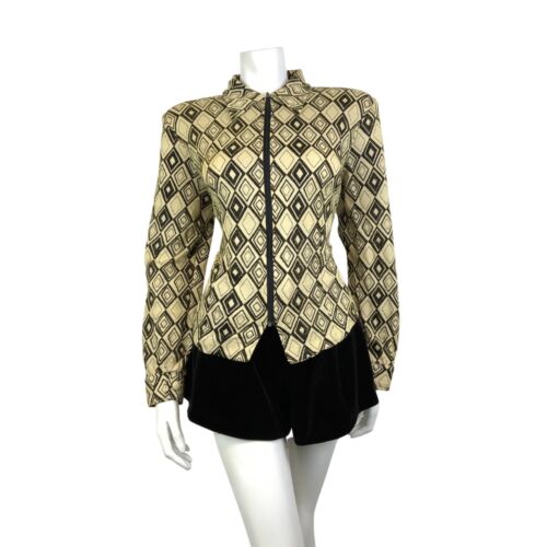 VTG 70s CREAM BLACK GOLD LUREX GEOMETRIC MOD ZIP-UP DAGGER SHIRT BLOUSE 14 16