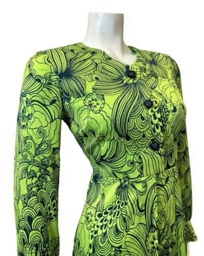 VINTAGE 60s 90s LIME GREEN BLUE PSYCHEDELIC LEAFY FLORAL LONG SLEEVE DRESS 8 10