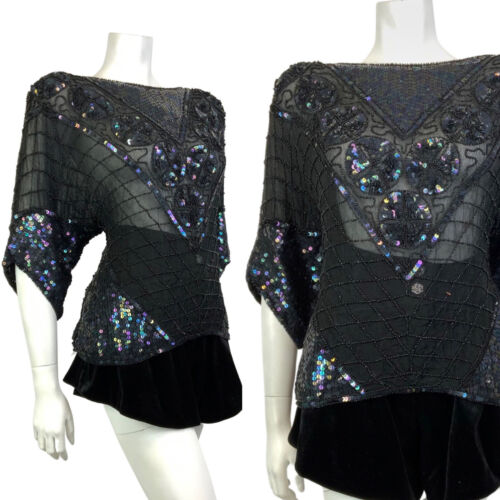 VTG 70s BLACK SEQUIN BEADED GEOMETRIC CHECKED DISCO GLAM SHEER SILK TOP 20 22