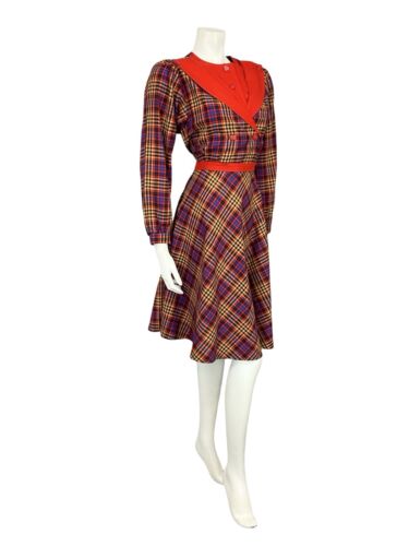 VTG 60S 70S RED BLUE YELLOW TARTAN GRIDDED TAILORED SHIRT DRESS WITH BELT 10 12