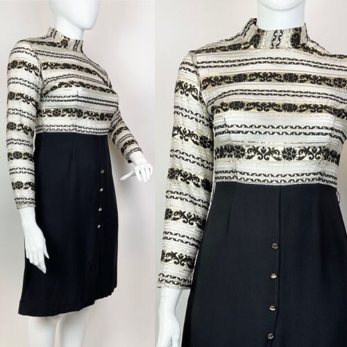 VTG 60s 70s BLACK SILVER GOLD STRIPED FLORAL SHEER PARTY GLAM FITTED DRESS 16