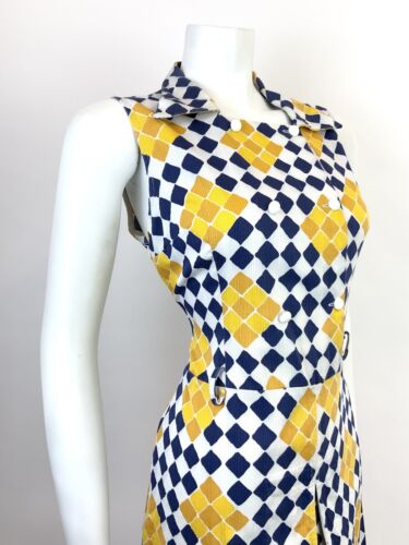 VTG 60s 70s WHITE BLUE YELLOW CHECKERBOARD GEOMETRIC DAGGER SHIRT DRESS 12 14