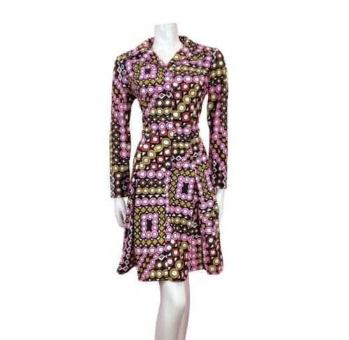 VTG 60s 70s BLACK PINK BROWN WHITE GEOMETRIC PSYCHEDELIC MOD SHIRT DRESS 12 14
