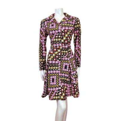 VTG 60s 70s BLACK PINK BROWN WHITE GEOMETRIC PSYCHEDELIC MOD SHIRT DRESS 12 14