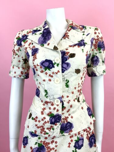 VTG 60s CREAM PURPLE RED EMBROIDERED ANGLAISE FLORAL PEPLUM SHIRT DRESS 12 14