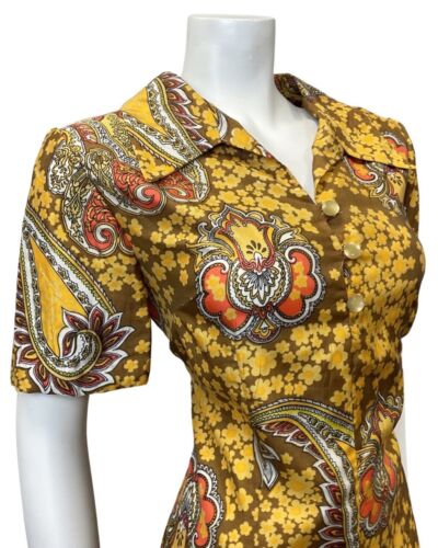 VINTAGE 60s 70s BROWN YELLOW ORANGE FLORAL PAISLEY DAGGER SHIRT DRESS 12 14