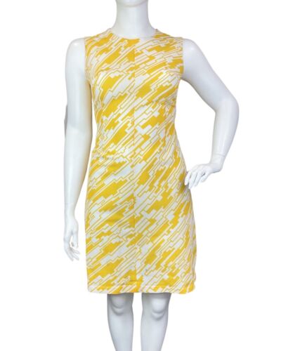 VINTAGE 60s 70s YELLOW WHITE GEOMETRIC MOD SLEEVELESS SHIFT DRESS 16