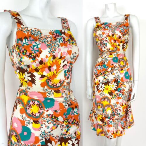 VTG 60s 70s WHITE PINK YELLOW ORANGE BLUE FLORAL PINWHEEL SUMMER APRON DRESS 4