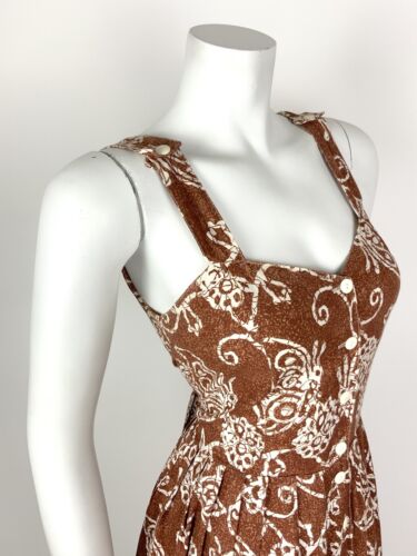 VTG 70s 80s BROWN WHITE FLORAL BATIK STRAPPY CROSS BACK SUMMER SUNDRESS 10