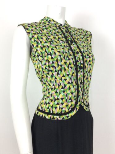 VTG 60S BLACK GREEN PINK YELLOW GEOMETRIC MOD DRESS 12