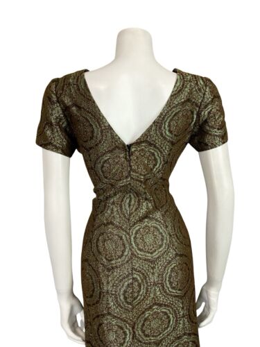 VTG 60S GREEN COPPER BROWN IRIDESCENT BROCADE PLUNGING BACK PARTY MINI DRESS 10