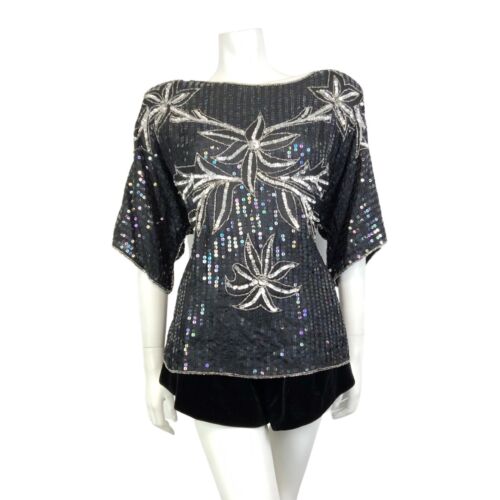 VTG 70s 80s BLACK SILVER FLORAL SEQUIN BEADED DISCO PARTY STUDIO 54 TOP 20 22