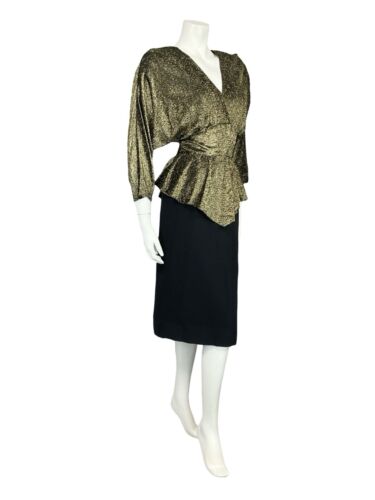 VTG 70S GOLD BLACK LUREX PLUNGING NECKLINE BATWING PEPLUM PARTY DISCO DRESS 10