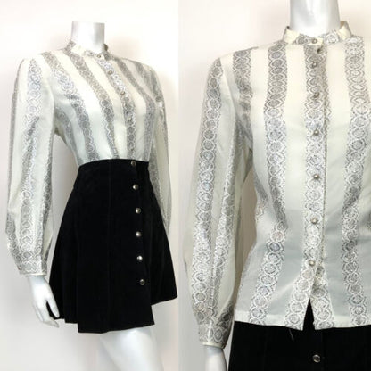 VTG 60s 70s WHITE METALLIC SILVER EMBROIDERED STRIPED MOD DISCO BLOUSE TOP 14