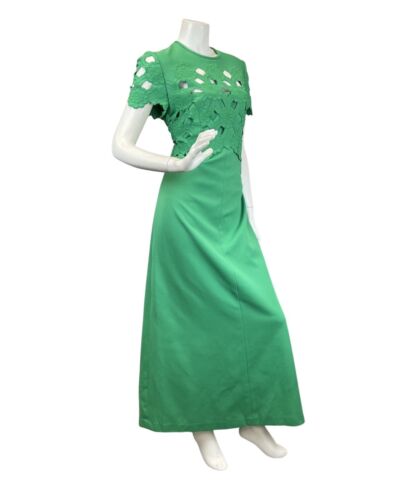 VINTAGE 60s 70s APPLE GREEN FLORAL EMBROIDERED CUT-OUT MOD MAXI DRESS 14