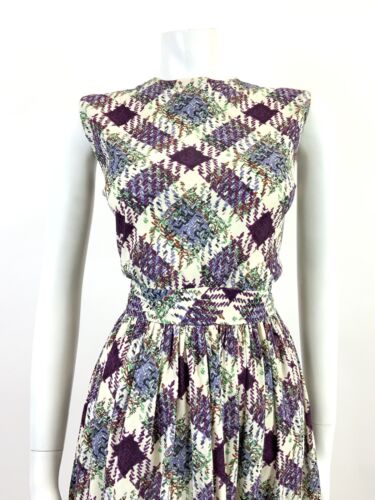 VTG 60s 70s WHITE PURPLE GREEN ORANGE CHECKED PLAID BLOUSON SLEEVELESS DRESS 10