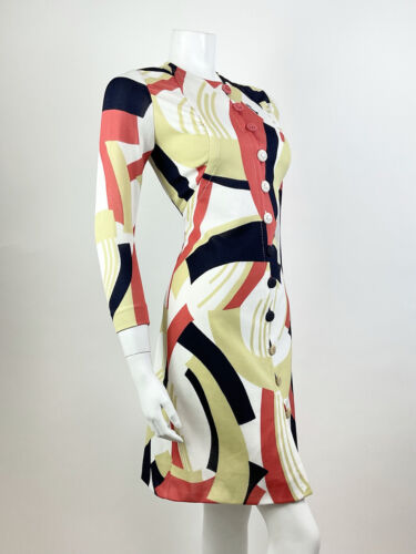VINTAGE 70s WHITE BLUE RED CREAM GEOMETRIC ABSTRACT MOD FITTED DRESS 10 12