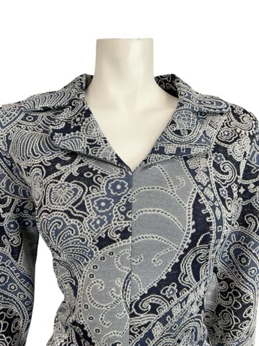 VTG 70S BLUE SILVER PAISLEY PSYCHEDELIC LAPEL LONG SLEEVE PARTY SHIRT DRESS 12