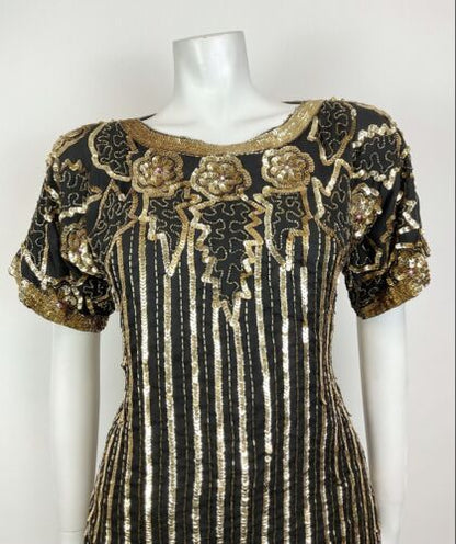 VTG 70s 80s BLACK GOLD FLORAL LEAF STRIPED SEQUIN BEADED DECO BLOUSE TOP 12 14