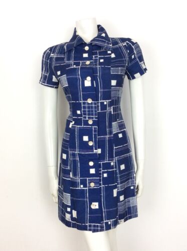 VINTAGE 60s 70s NAVY BLUE SHIRT DRESS GEOMETRIC WHITE SQUARES 8 10