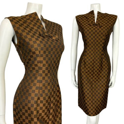 VTG 60S BROWN CHECKERBOARD METALLIC WIGGLE MIDI DRESS WITH BOW 10