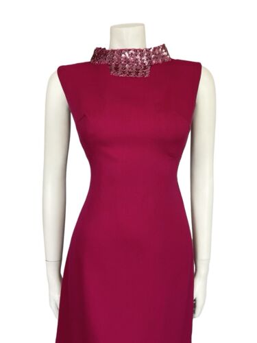 VTG 60S MOD RASPBERRY PINK SEQUIN COLAR SLEEVELESS SHIFT MINI PARTY DRESS S 8 10