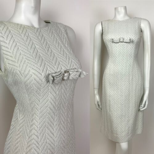 VTG 60s 70s WHITE SILVER LUREX CHEVRON DIAMANTE BOW COCKTAIL PARTY DRESS 10 12